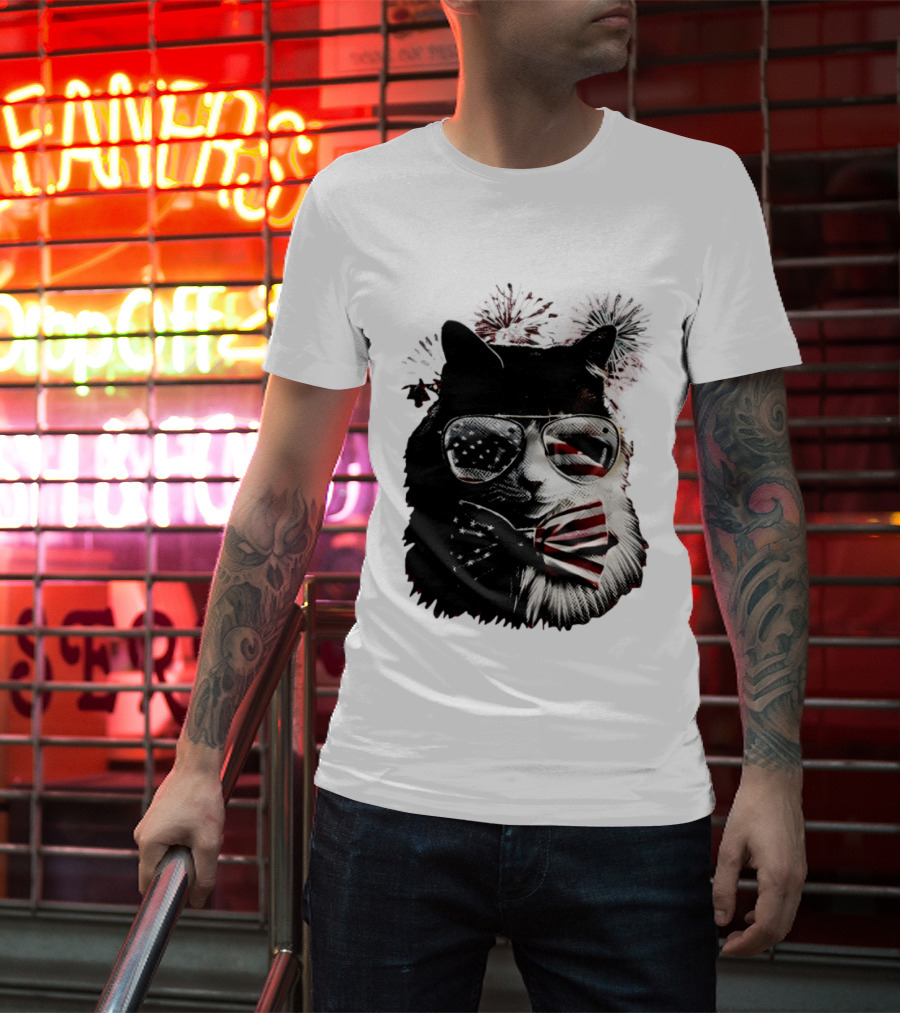 American Flag Cat Sunglasses And Bowtie Fireworks Independence Day T-Shirt