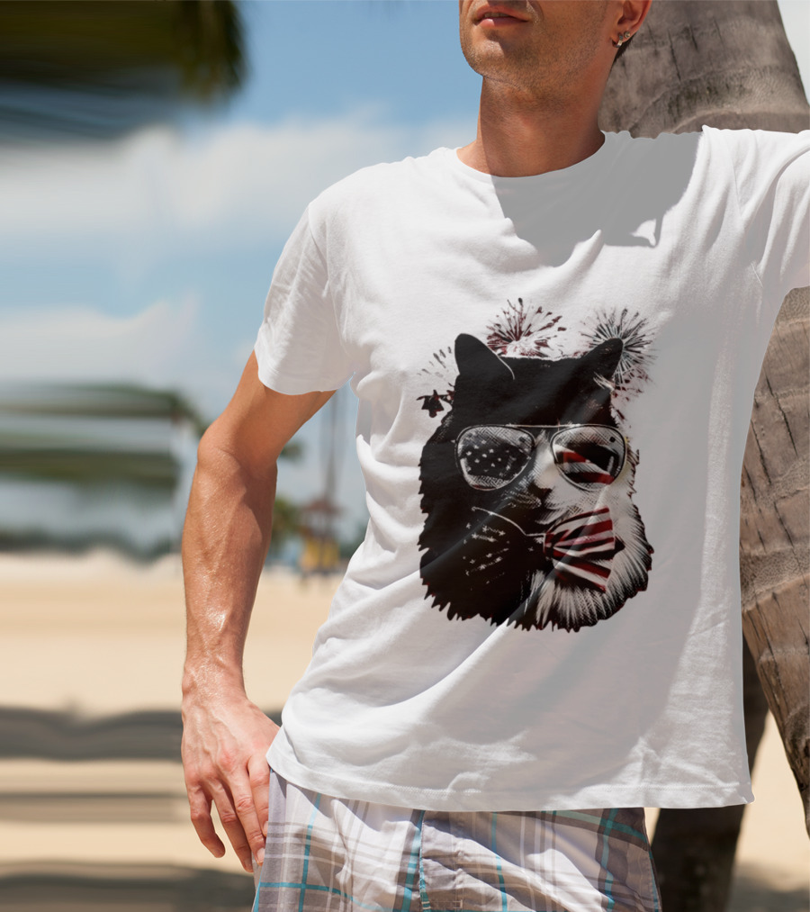 American Flag Cat Sunglasses And Bowtie Fireworks Independence Day T-Shirt
