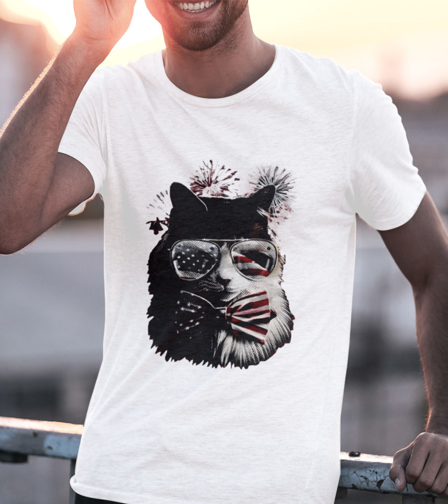 American Flag Cat Sunglasses And Bowtie Fireworks Independence Day T-Shirt
