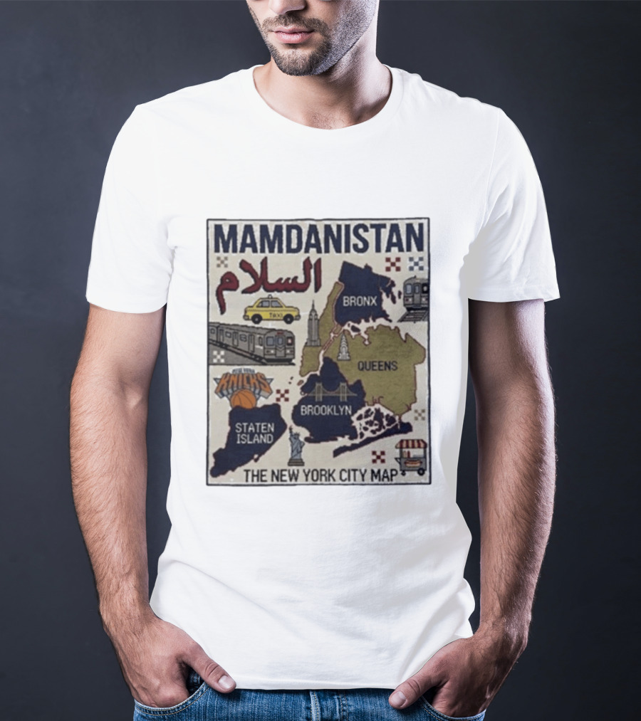 Mamdanistan Peace NYC Map Featuring Knicks Bronx Brooklyn Queens Staten Island Taxi Subway T-Shirt