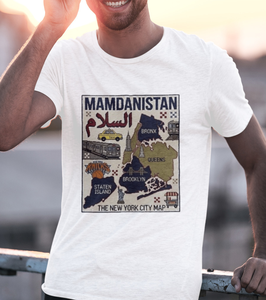 Mamdanistan Peace NYC Map Featuring Knicks Bronx Brooklyn Queens Staten Island Taxi Subway T-Shirt