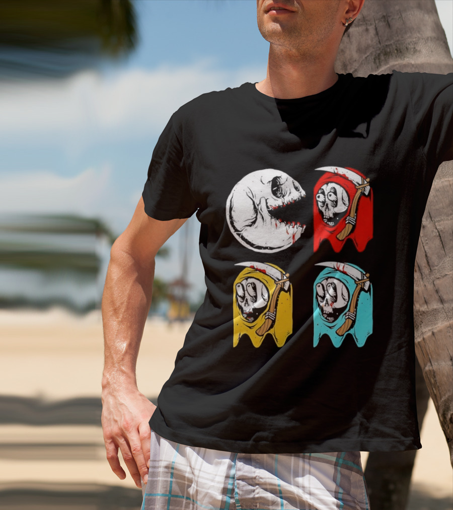 Pac Man Skeleton Skull Ghost Grim Reaper Red Yellow Blue T-Shirt