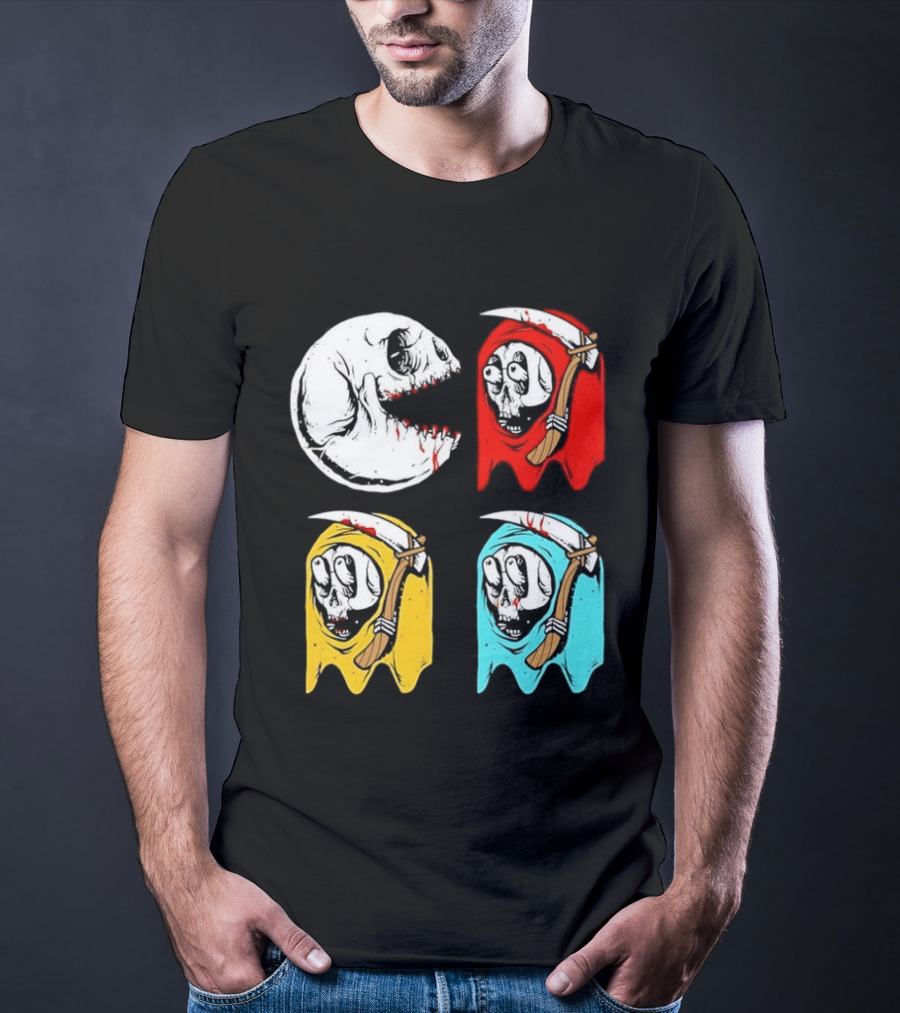 Pac Man Skeleton Skull Ghost Grim Reaper Red Yellow Blue T-Shirt