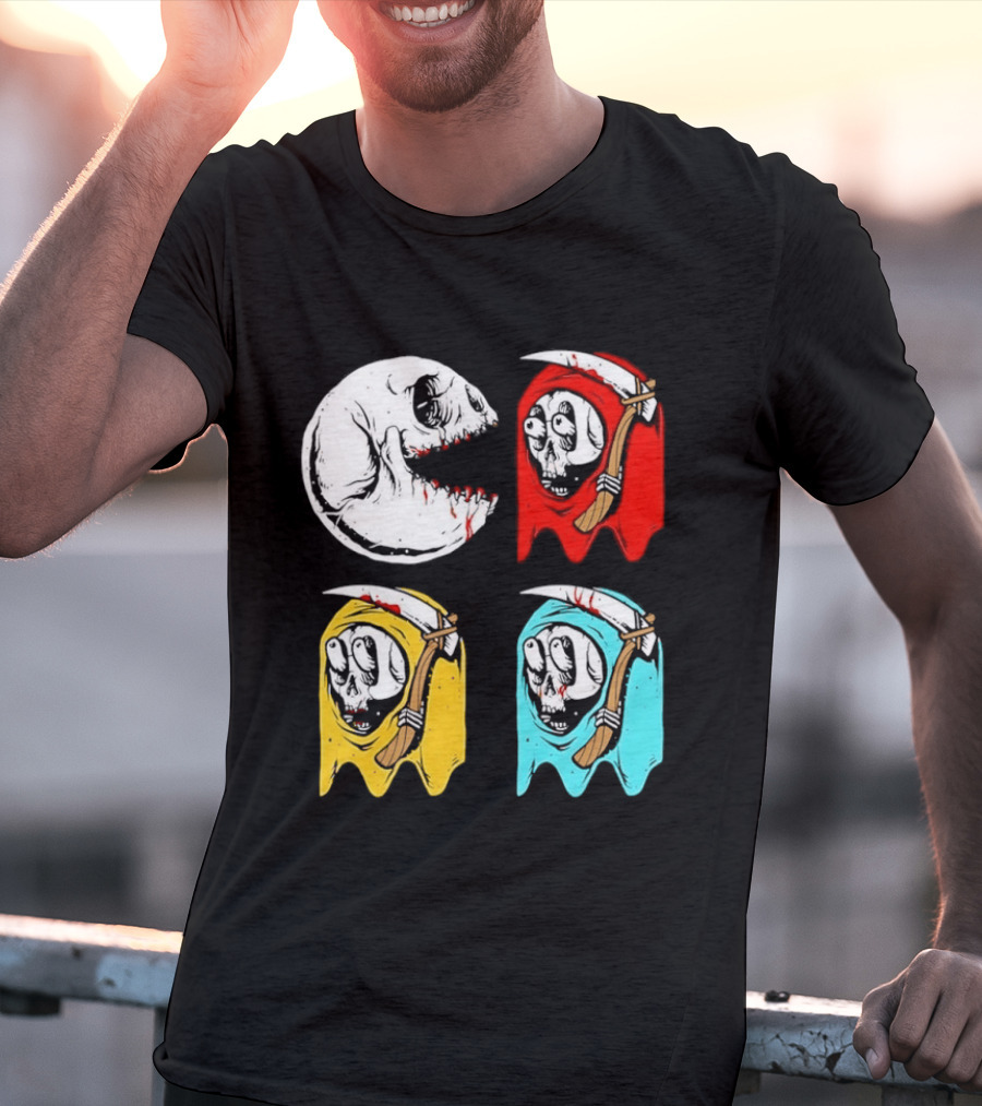 Pac Man Skeleton Skull Ghost Grim Reaper Red Yellow Blue T-Shirt