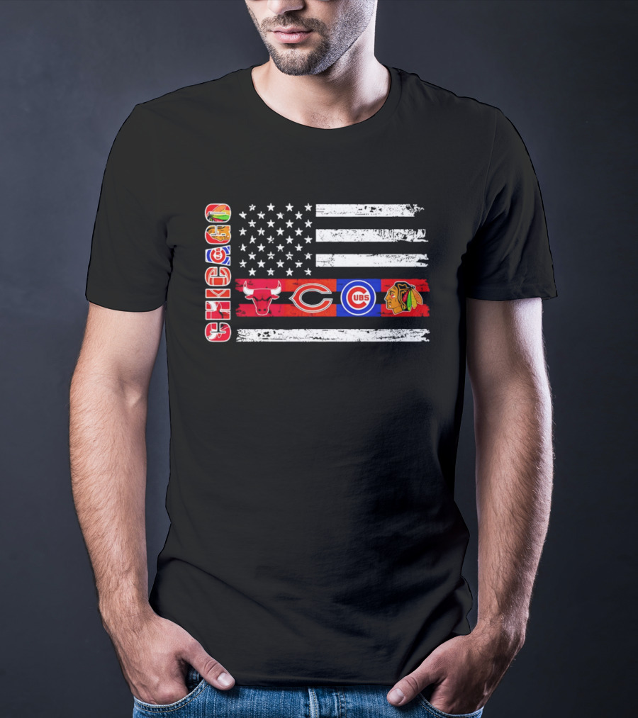Chicago Bulls Bears Cubs Blackhawks American Flag T-Shirt
