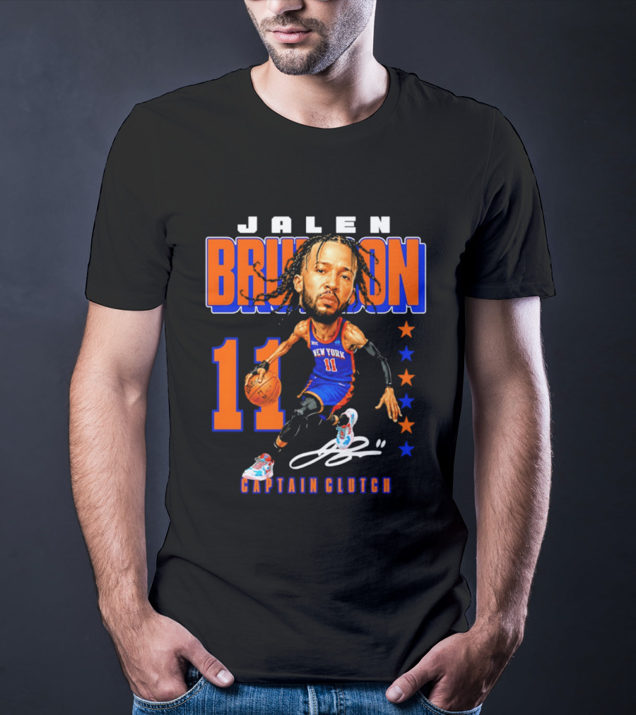 Jalen Brunson New York 11 Captain Clutch Caricature T-Shirt