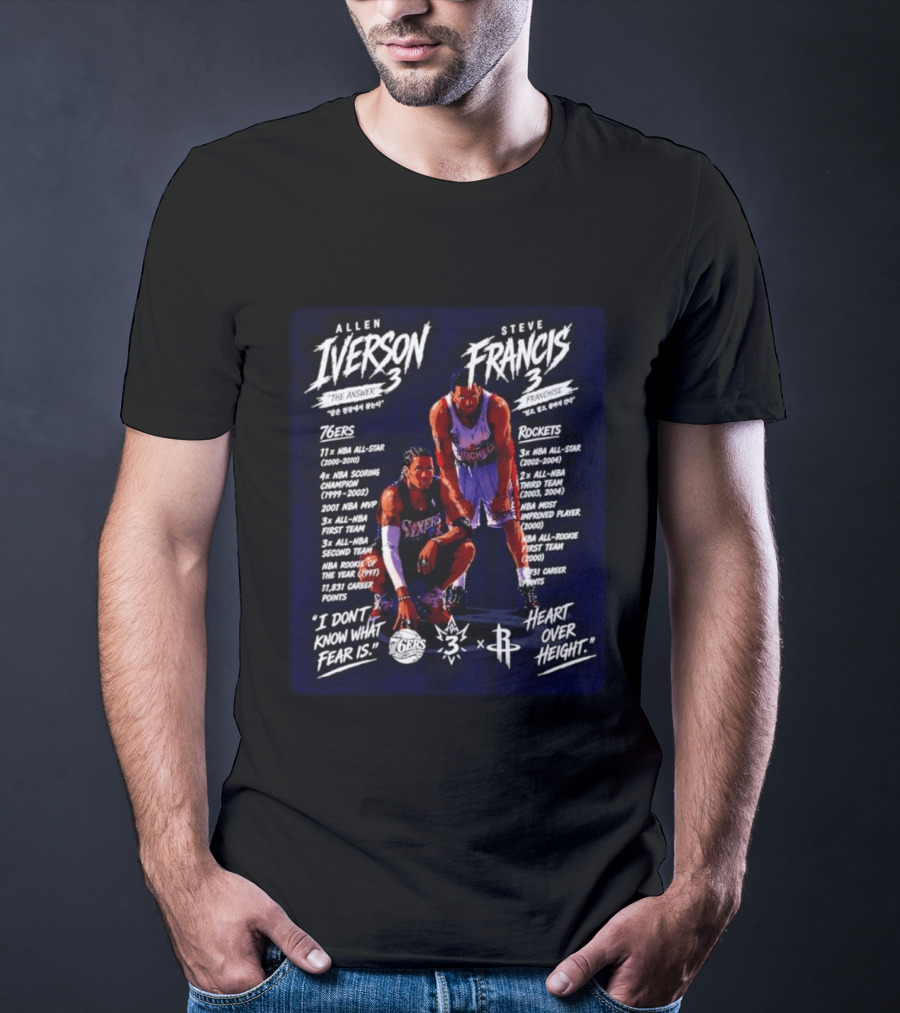 Allen Iverson Steve Francis 3 NBA 76ers Rockets All Star Fearless Heart Over Height T-Shirt