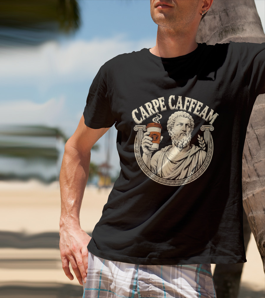 Carpe Caffeam Ancient Philosopher Coffee Cup Greek Column Statue T-Shirt