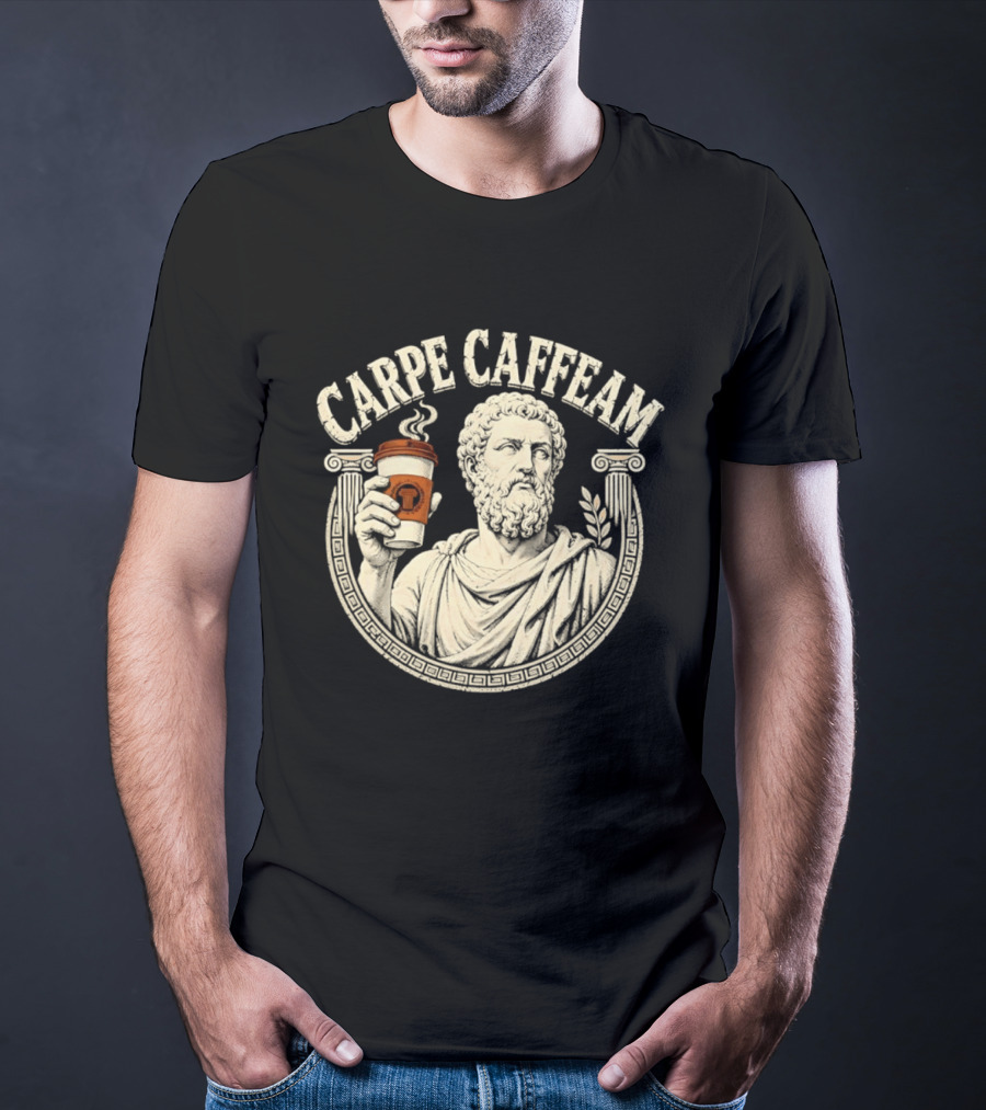 Carpe Caffeam Ancient Philosopher Coffee Cup Greek Column Statue T-Shirt