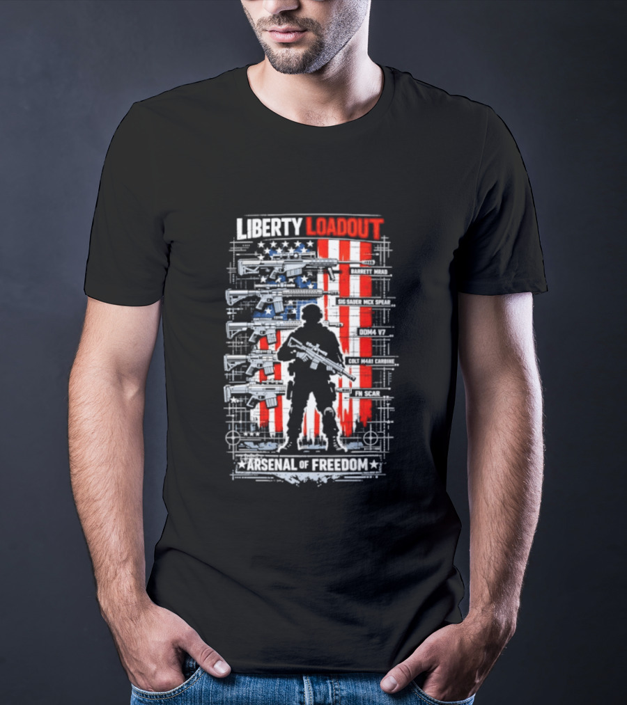 Liberty Loadout Arsenal Of Freedom USA Flag Soldier T-Shirt