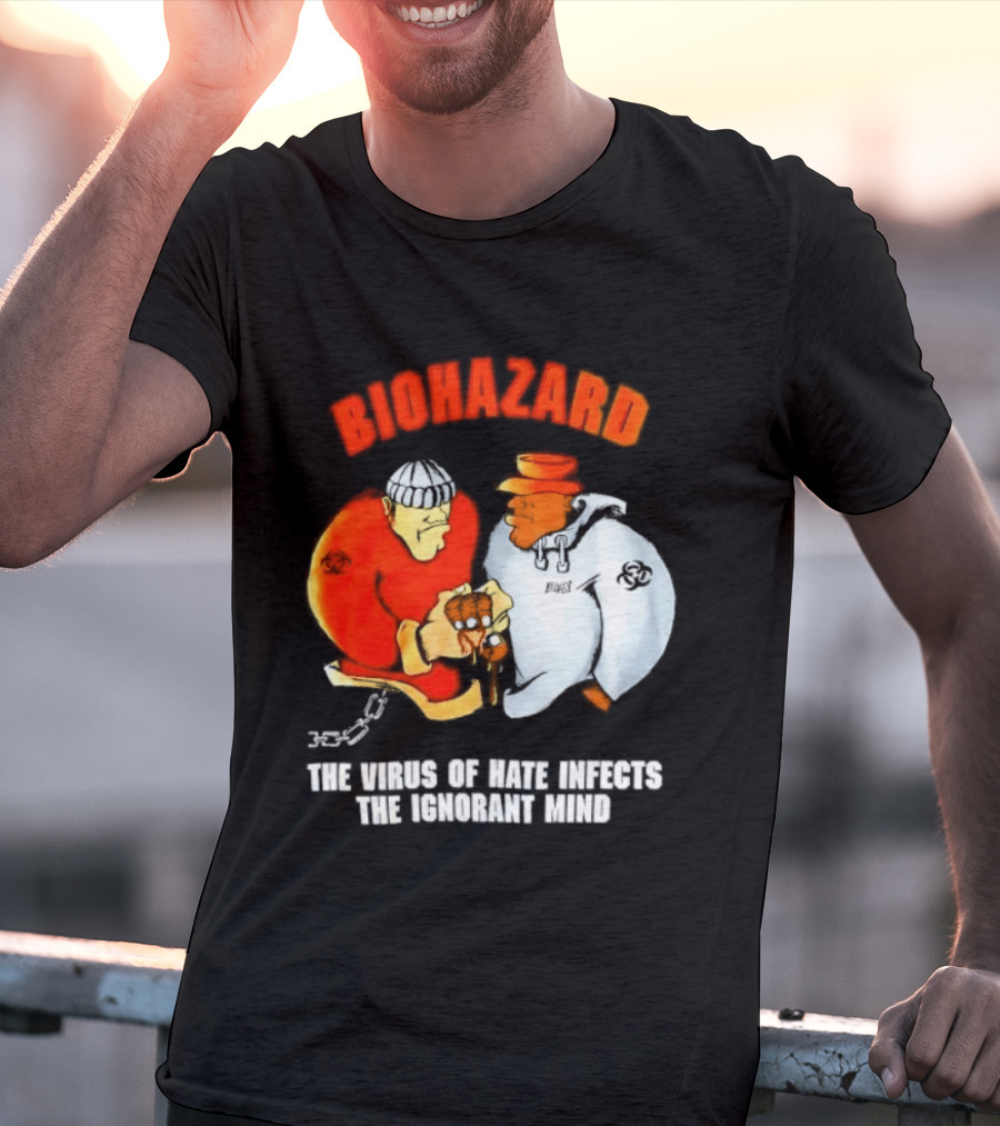 Biohazard The Virus Of Hate Infects The Ignorant Mind Orange And White Figures Confrontation T-Shirt