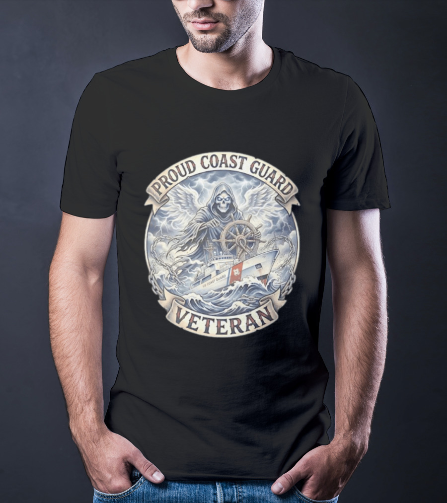 Proud Coast Guard Veteran Grim Reaper With Ship And Wheel T-Shirt