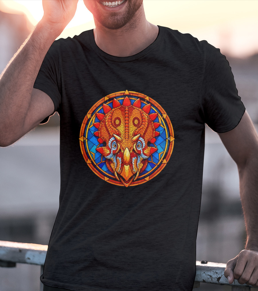 Triceratops Dinosaur Head Stained Glass Circle T-Shirt