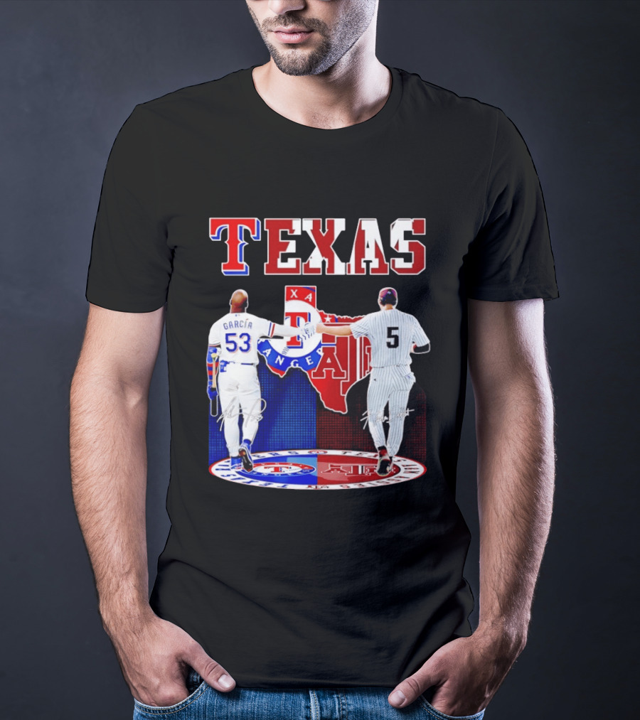Texas Rangers Adolis Garcia And Texas A&M Aggies Hunter Schott Split Map T-Shirt
