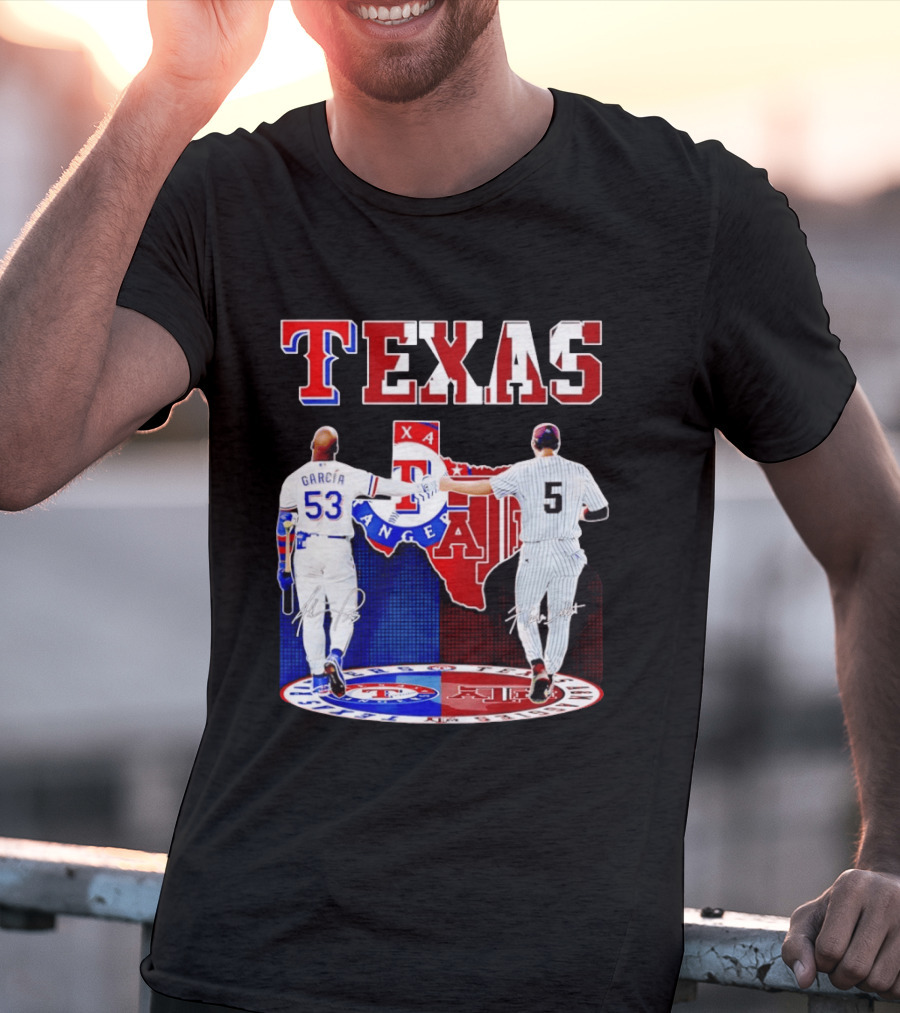 Texas Rangers Adolis Garcia And Texas A&M Aggies Hunter Schott Split Map T-Shirt