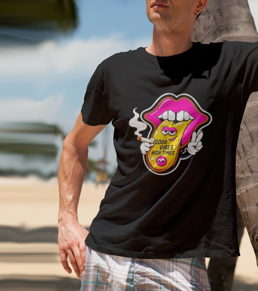 Good Vibes High Times Smoking Tongue And Peace Sign T-Shirt