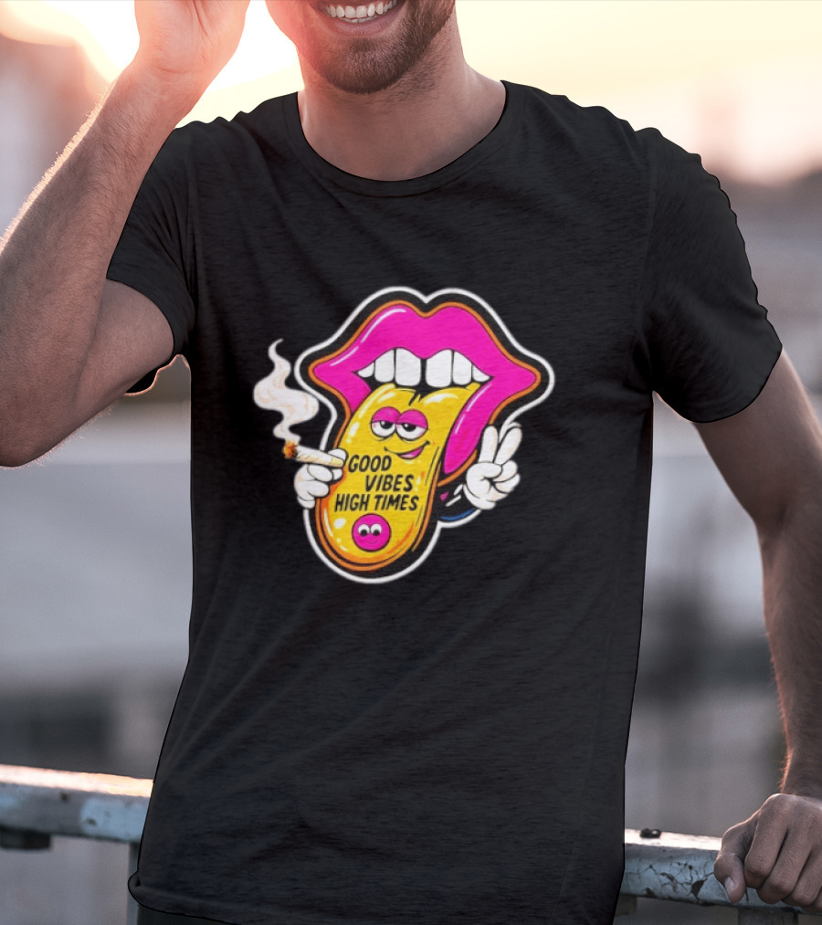 Good Vibes High Times Smoking Tongue And Peace Sign T-Shirt