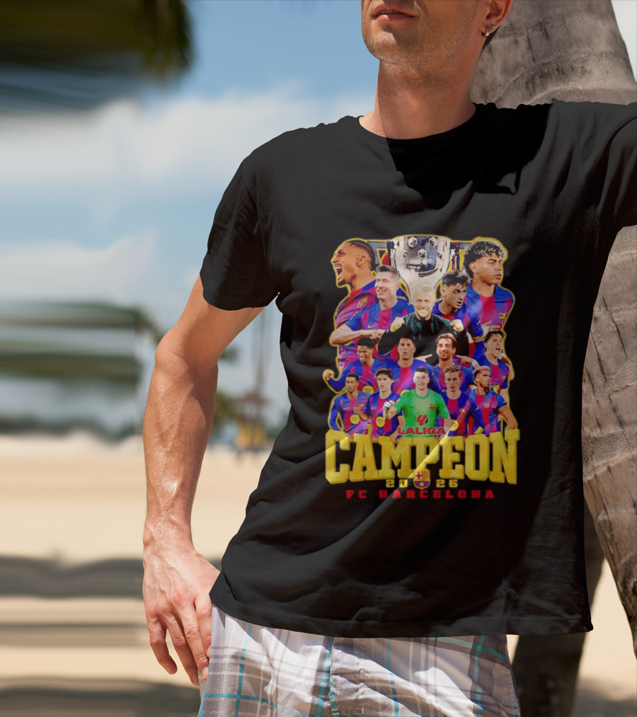 Hansi Flick Robert Lewandowski Lamine Yamal Pedri Raphinha FC Barcelona LaLiga Campeón 2026 T-Shirt