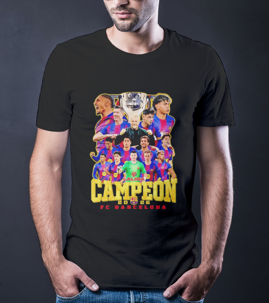 Hansi Flick Robert Lewandowski Lamine Yamal Pedri Raphinha FC Barcelona LaLiga Campeón 2026 T-Shirt