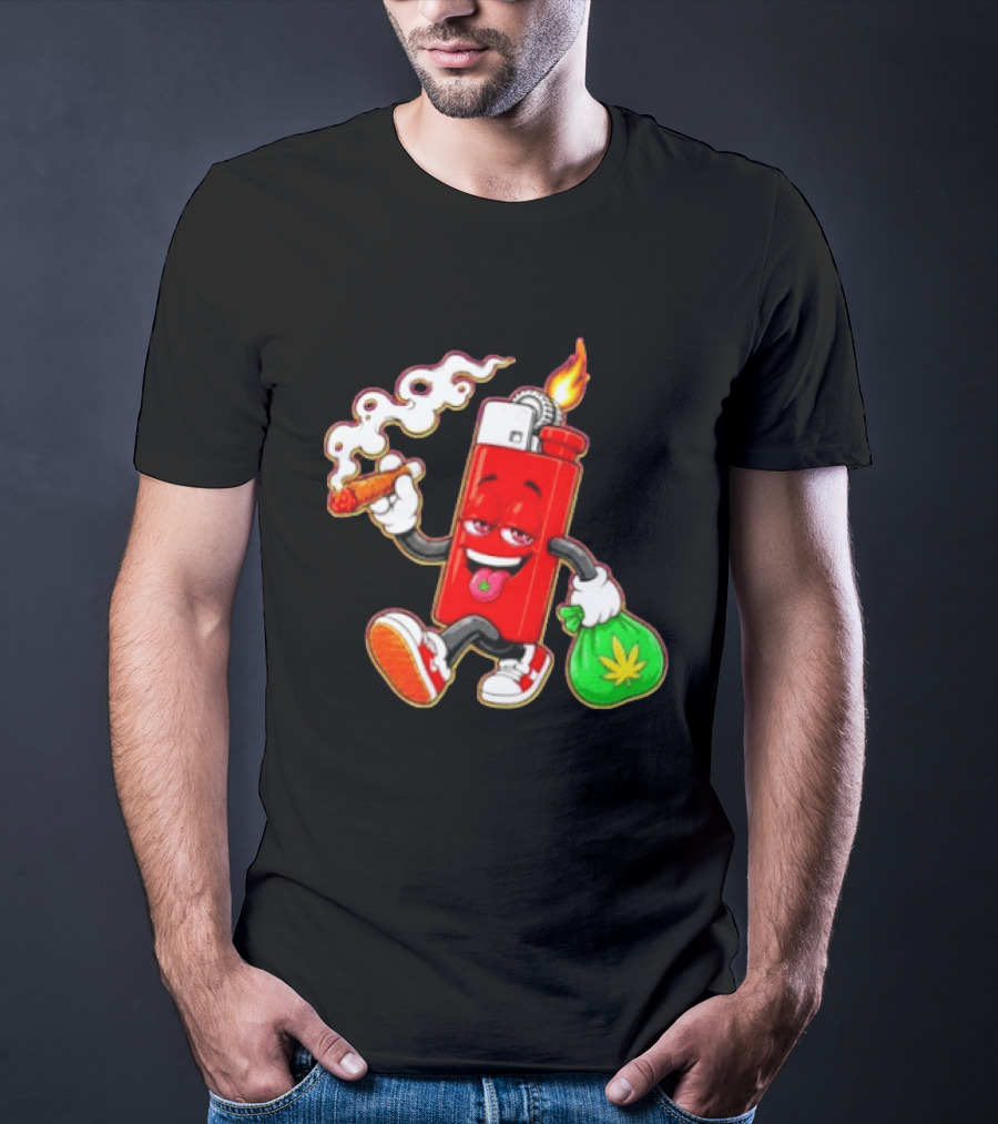 Flame Lighter And Smoking Joint With Cannabis Bag Cartoon T-Shirt