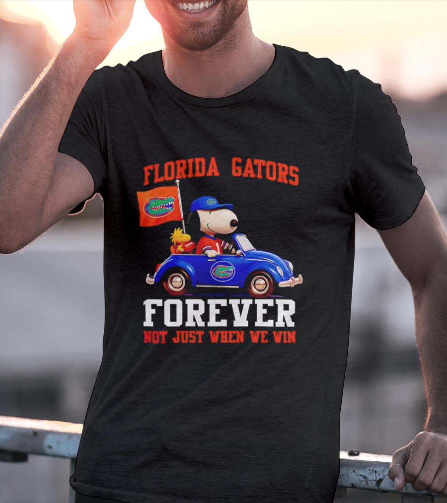 Peanuts Snoopy Woodstock In Blue Car Florida Gators Forever Not Just When We Win T-Shirt