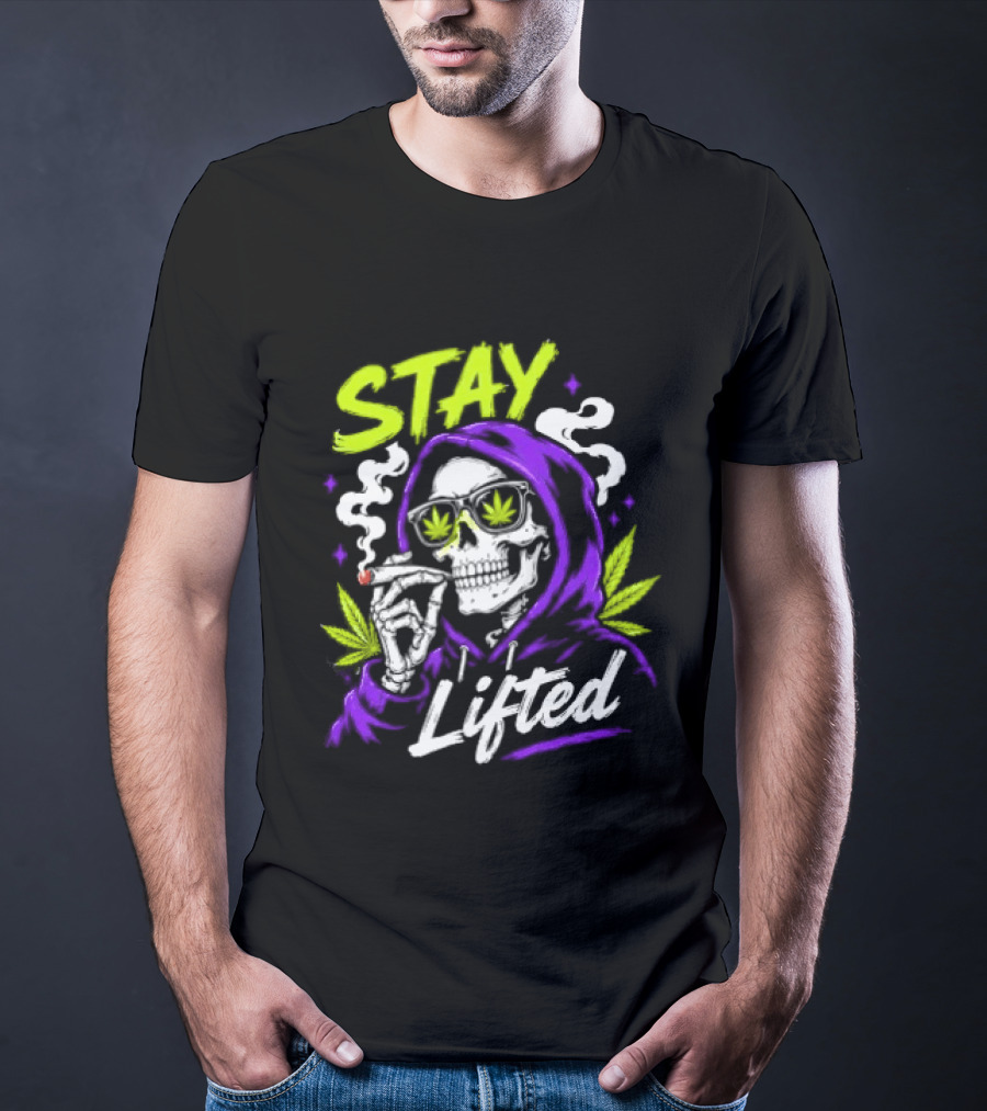 Stay Lifted Skeleton Smoking Weed Vapor Clouds Psychedelic T-Shirt