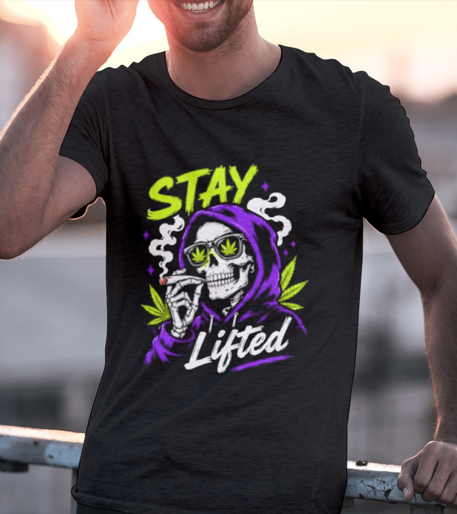 Stay Lifted Skeleton Smoking Weed Vapor Clouds Psychedelic T-Shirt