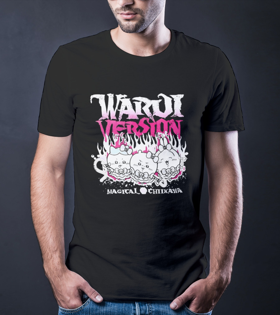 Warui Version Magical Chiikawa Characters In Fiery Pink And White T-Shirt
