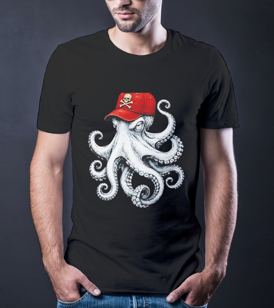 Octopus In Red Cap With Skull And Crossbones T-Shirt