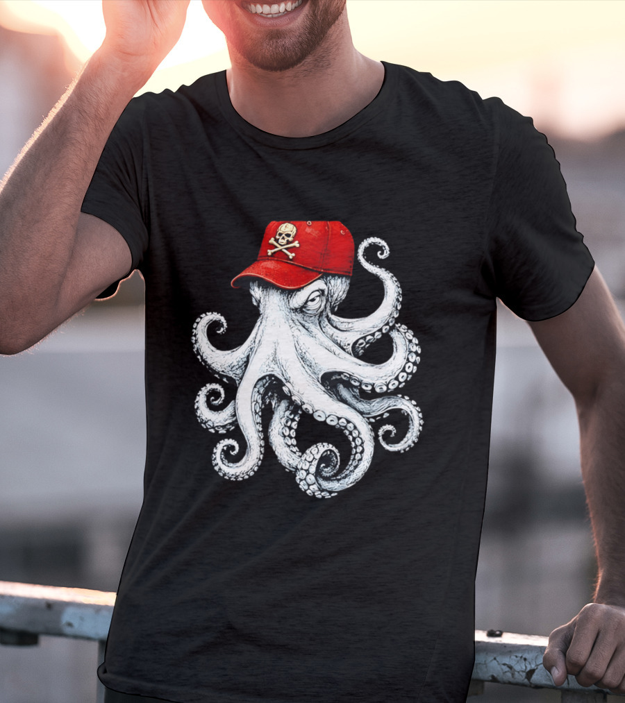 Octopus In Red Cap With Skull And Crossbones T-Shirt