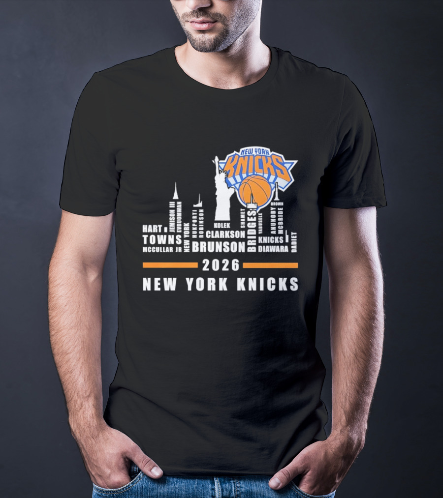 New York Knicks 2026 Jalen Brunson Mikal Bridges NBA Manhattan Skyline T-Shirt