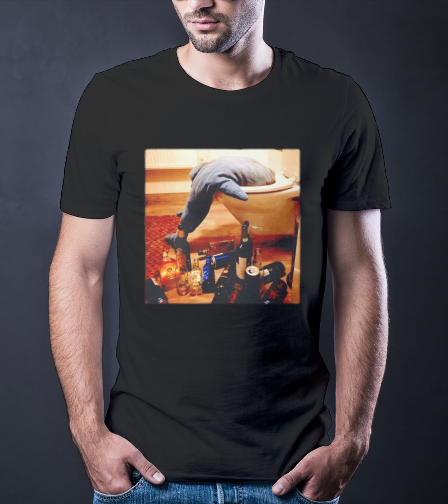 Shark Over Toilet With Alcohol Bottles Party Aftermath T-Shirt