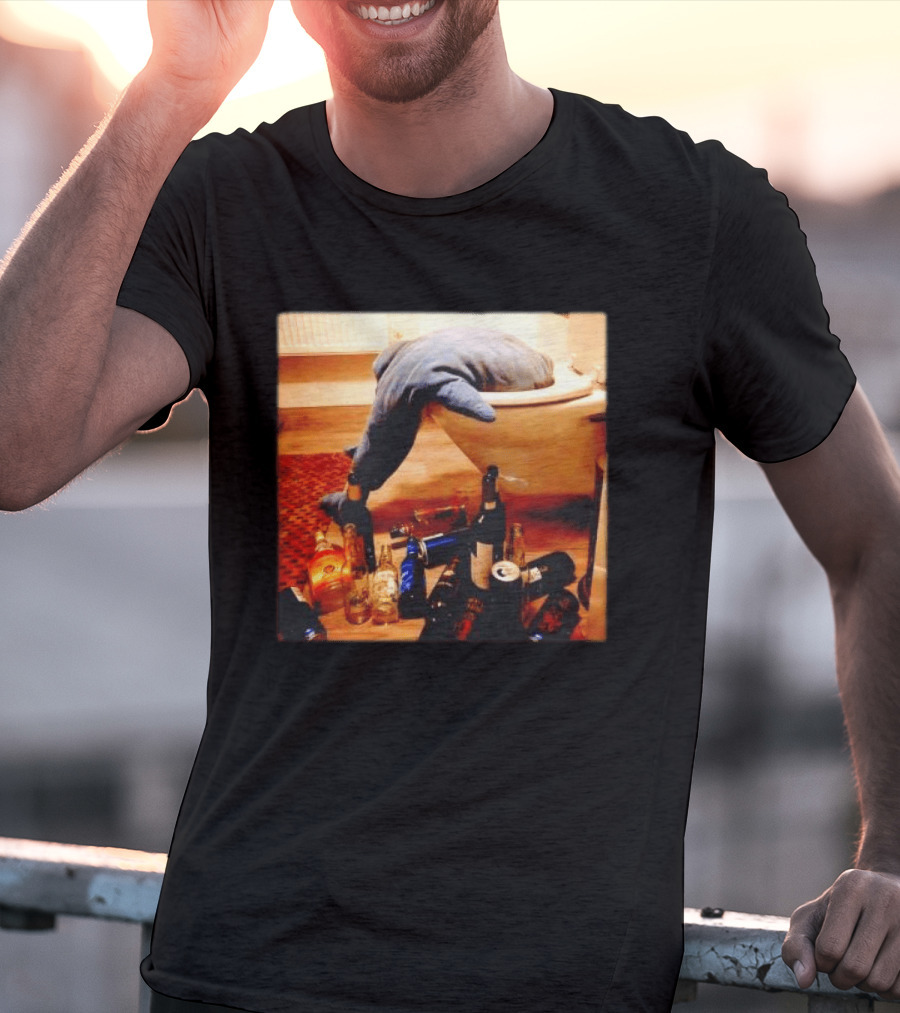 Shark Over Toilet With Alcohol Bottles Party Aftermath T-Shirt