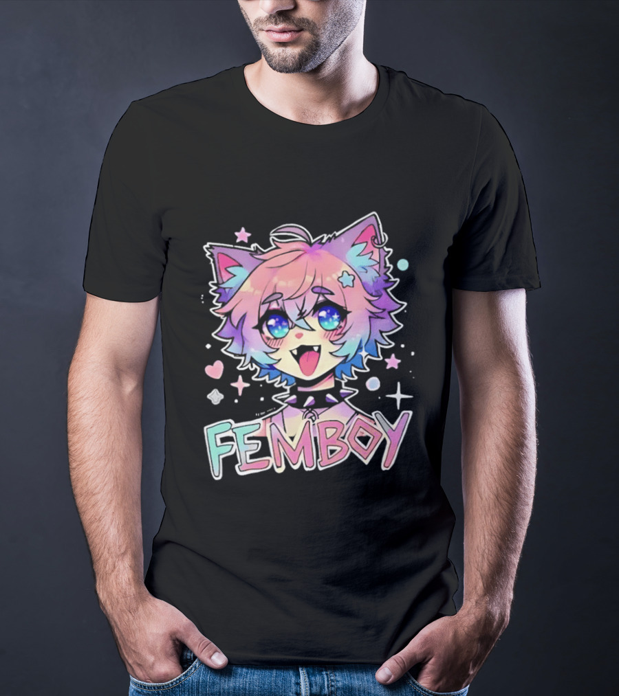Femboy Catboy Nekomimi Anime Kawaii Pastel Sparkling Spiked Collar T-Shirt