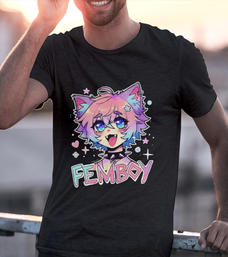 Femboy Catboy Nekomimi Anime Kawaii Pastel Sparkling Spiked Collar T-Shirt