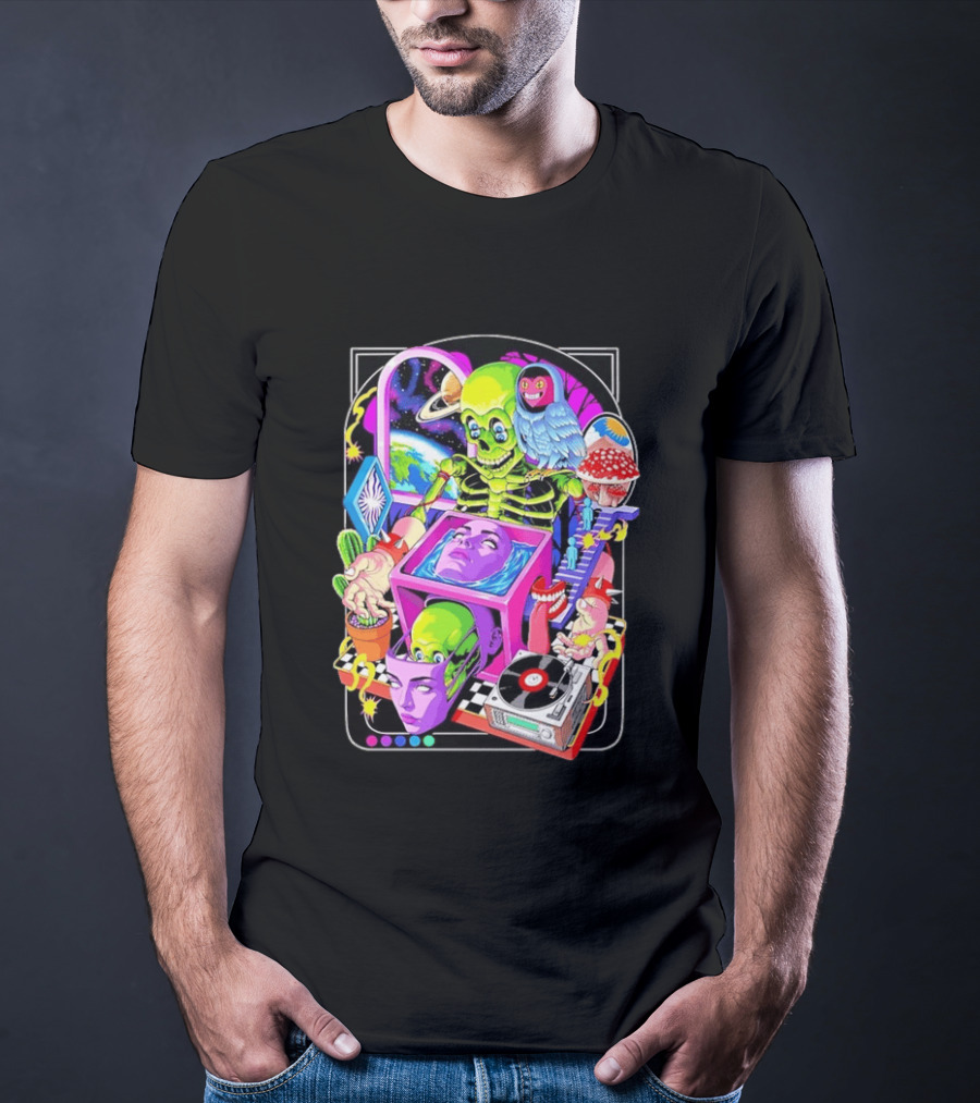 Green Skeleton Psychedelic Owl Surreal Heads Space Earth Trippy Mushrooms Record Player Adventure T-Shirt