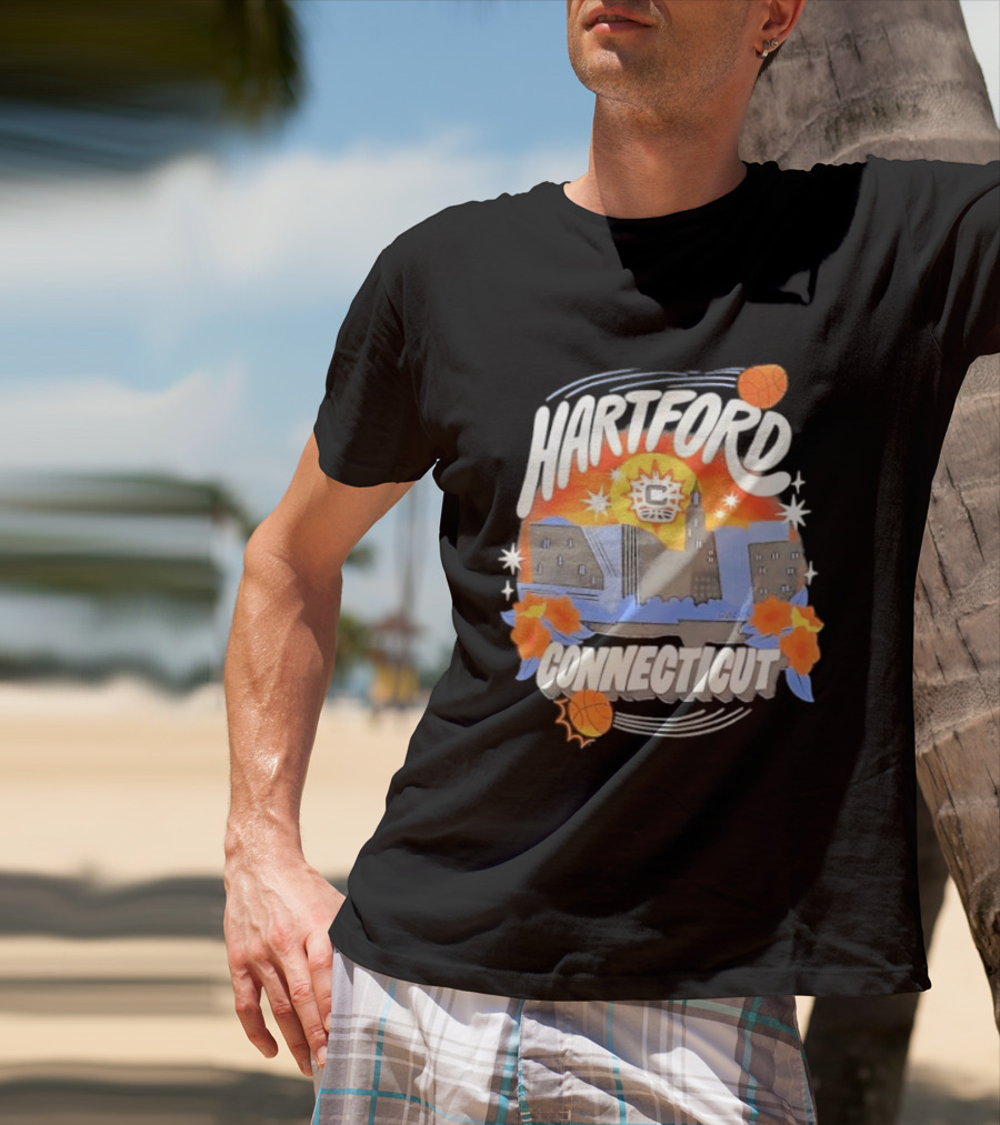 Hartford Connecticut Sun Basketball Skyline With Flowers And Basketballs T-Shirt