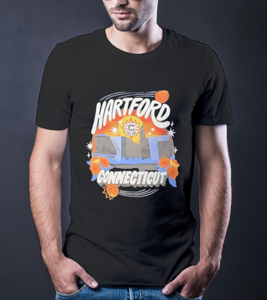 Hartford Connecticut Sun Basketball Skyline With Flowers And Basketballs T-Shirt