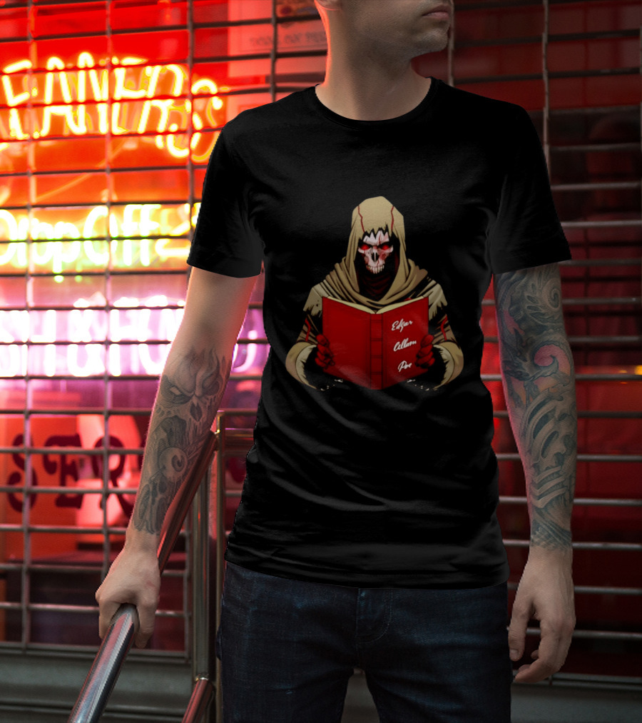 Grim Reaper Hooded Skeleton With Red Eyes Holding Edgar Allan Poe Book T-Shirt