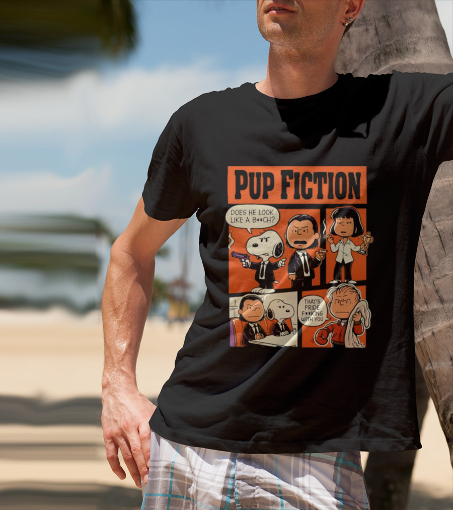 Peanuts Pup Fiction Does He Look Like A Bitch Snopy And Franklin Vincent Jules Mia T-Shirt