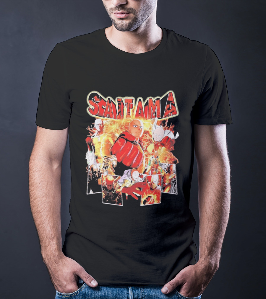 Saitama Hero Manga Character Collage With Lightning Fist T-Shirt
