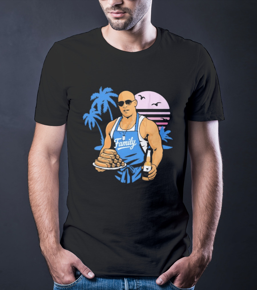 KCCO Family BBQ With Hot Dogs Palm Trees Sunset Birds T-Shirt