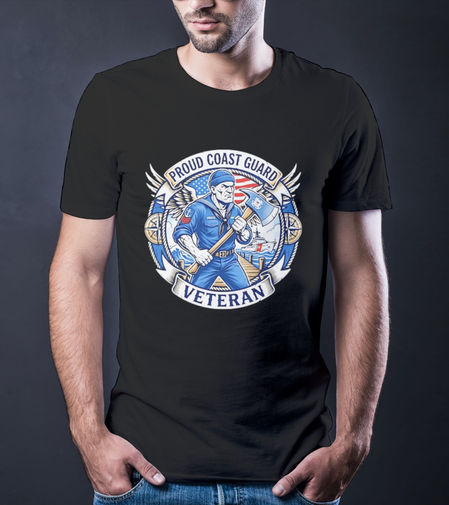 Proud Coast Guard Veteran USCG Military Sailor With Axe And American Flag T-Shirt