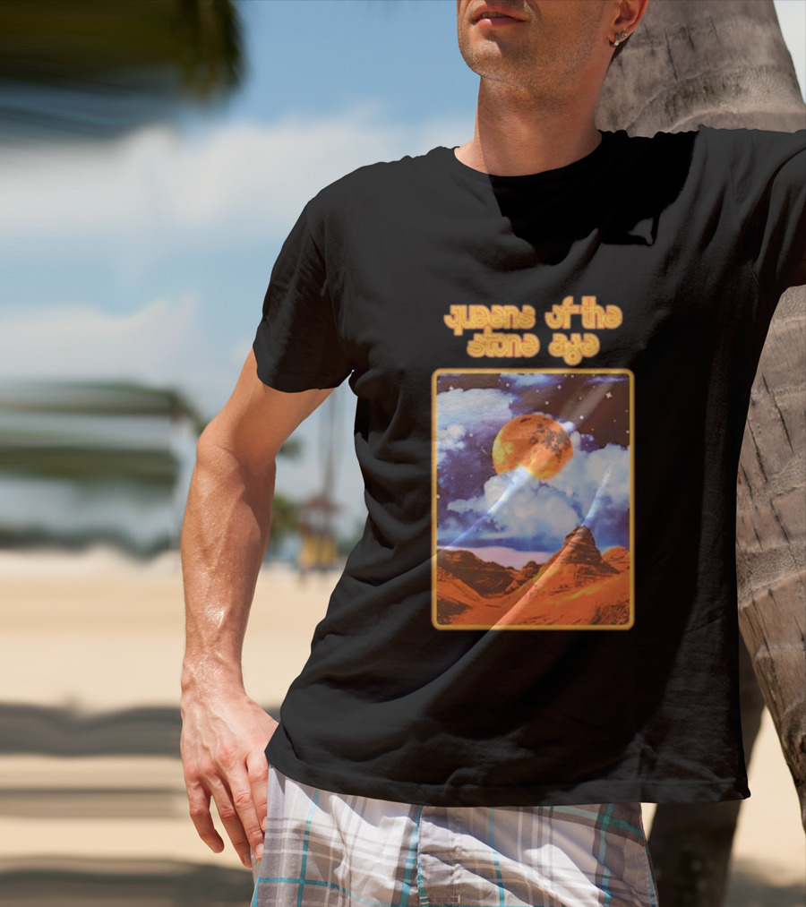 Queens Of The Stone Age Moon Landscape With Orange Cloudy Night Sky And Desert Scene T-Shirt