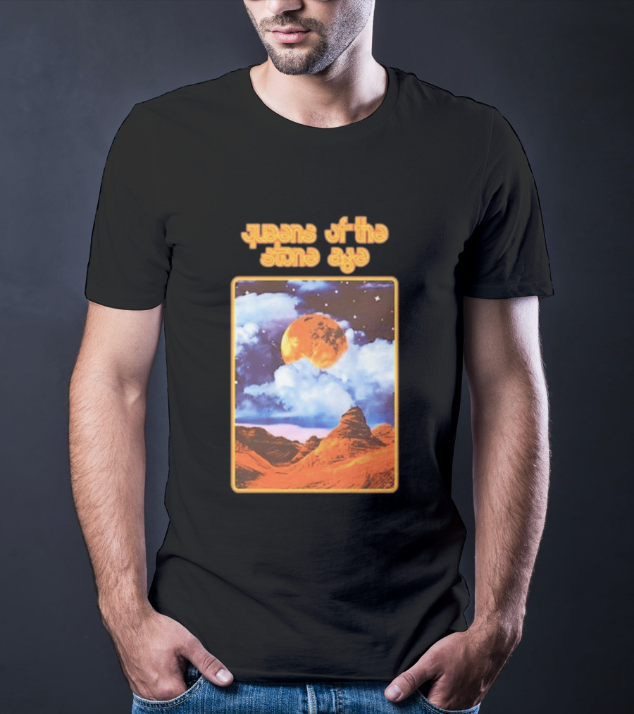 Queens Of The Stone Age Moon Landscape With Orange Cloudy Night Sky And Desert Scene T-Shirt