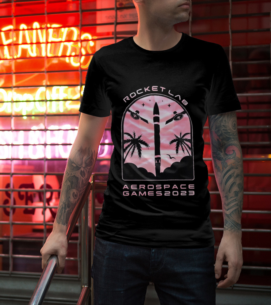 Rocket Lab Aerospace Games 2023 Rocket Space Satellite Event Palm Trees T-Shirt