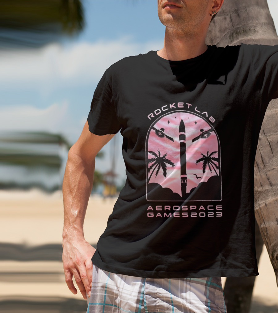 Rocket Lab Aerospace Games 2023 Rocket Space Satellite Event Palm Trees T-Shirt
