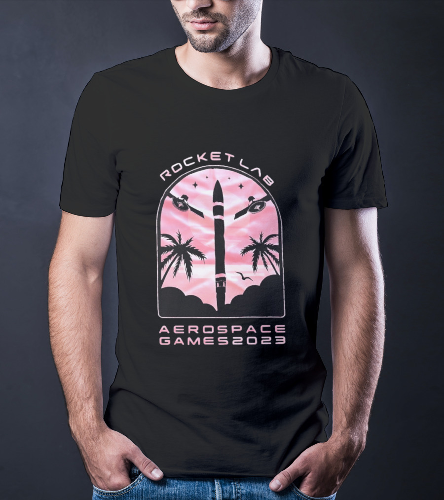 Rocket Lab Aerospace Games 2023 Rocket Space Satellite Event Palm Trees T-Shirt