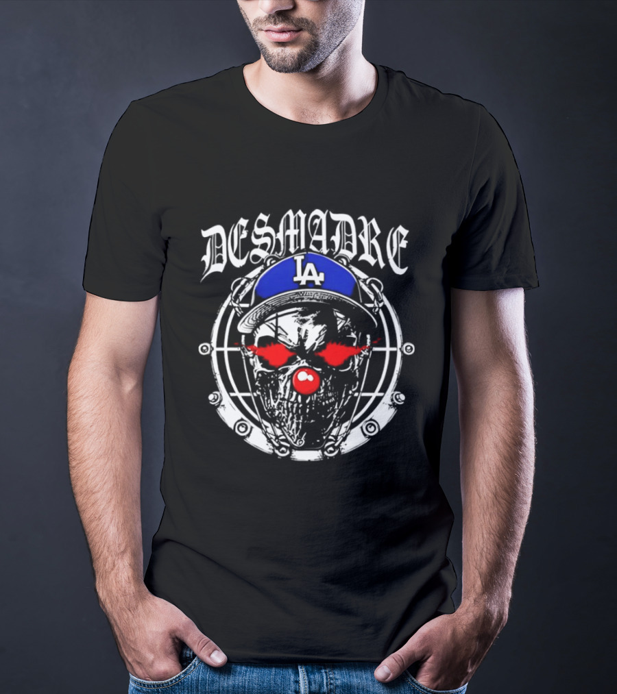Skull In Los Angeles Dodgers Cap With Clown Makeup And DESMADRE T-Shirt