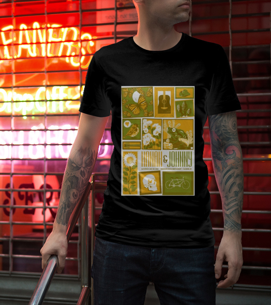 Hanah & Johnny May 30 2026 Ringer's Bar & Restaurant Slinger WI Butterfly Guitar Skull Bicycle Floral T-Shirt